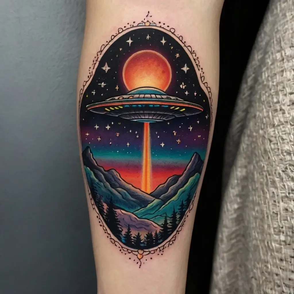 Vibrant UFO tattoo with a sunset sky, beams of light, mountains, and pine trees, framed with ornamental details.