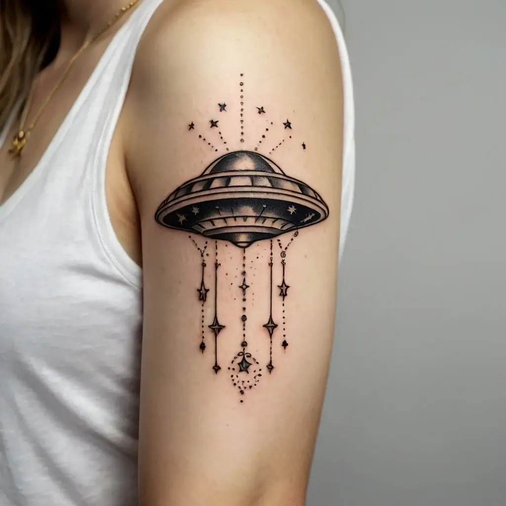 UFO tattoo with geometric details, stars, and delicate linework, creating a celestial and mystical vibe on the arm.