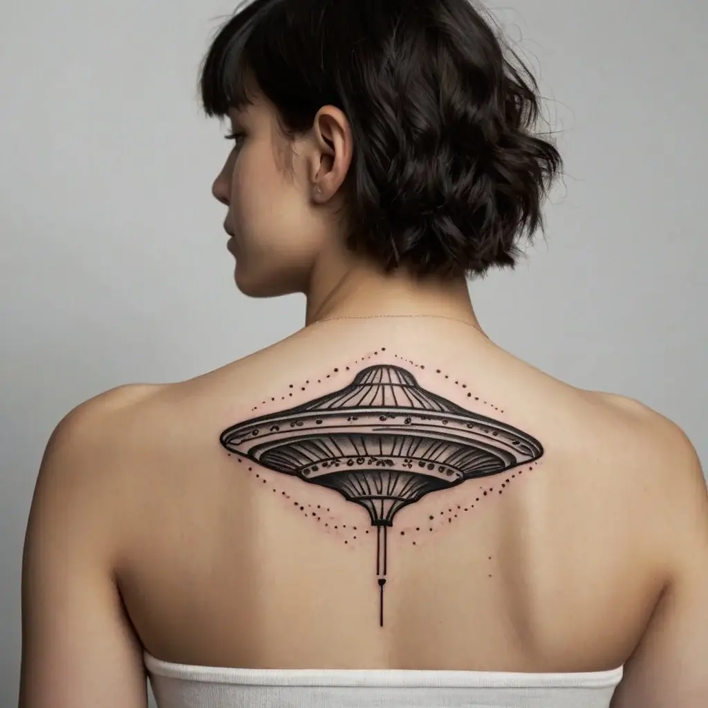 Tattoo of a detailed black-ink UFO on the upper back, with intricate linework and dot shading accents.