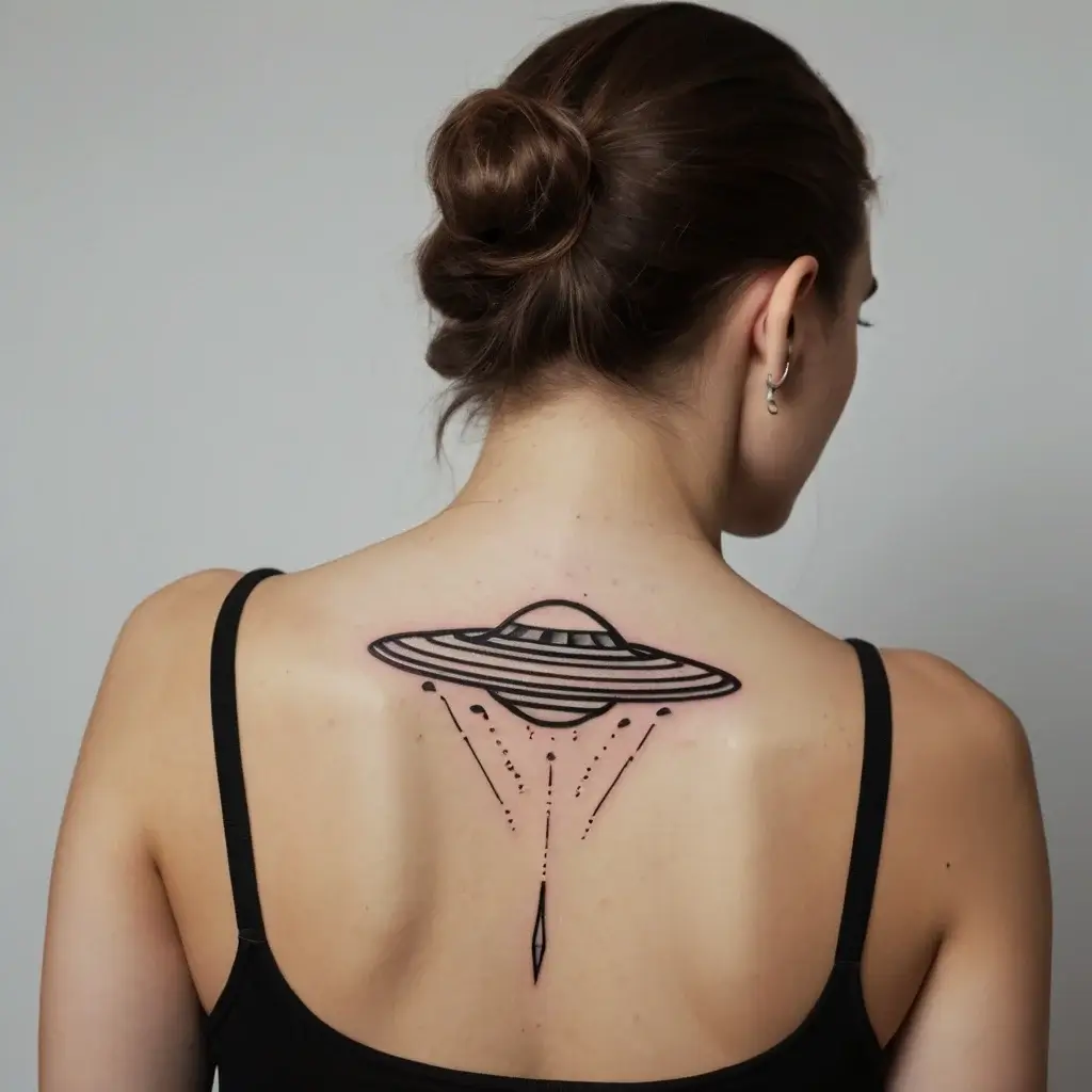 Tattoo of a minimalist UFO on the back, with detailed lines and geometric accents, depicting rays and movement.