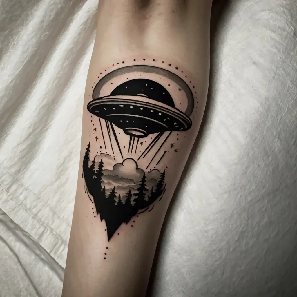 Tattoo of a UFO beaming down over a forest with trees and clouds, surrounded by stars and dot work detailing.