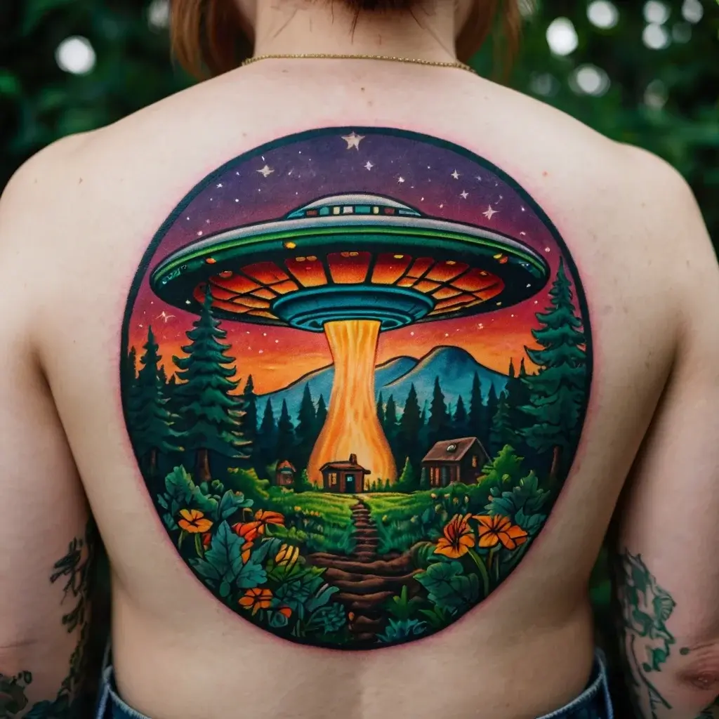 Colorful UFO tattoo with forest, mountains, cabin, and flowers. Vibrant sunset and starry sky background.