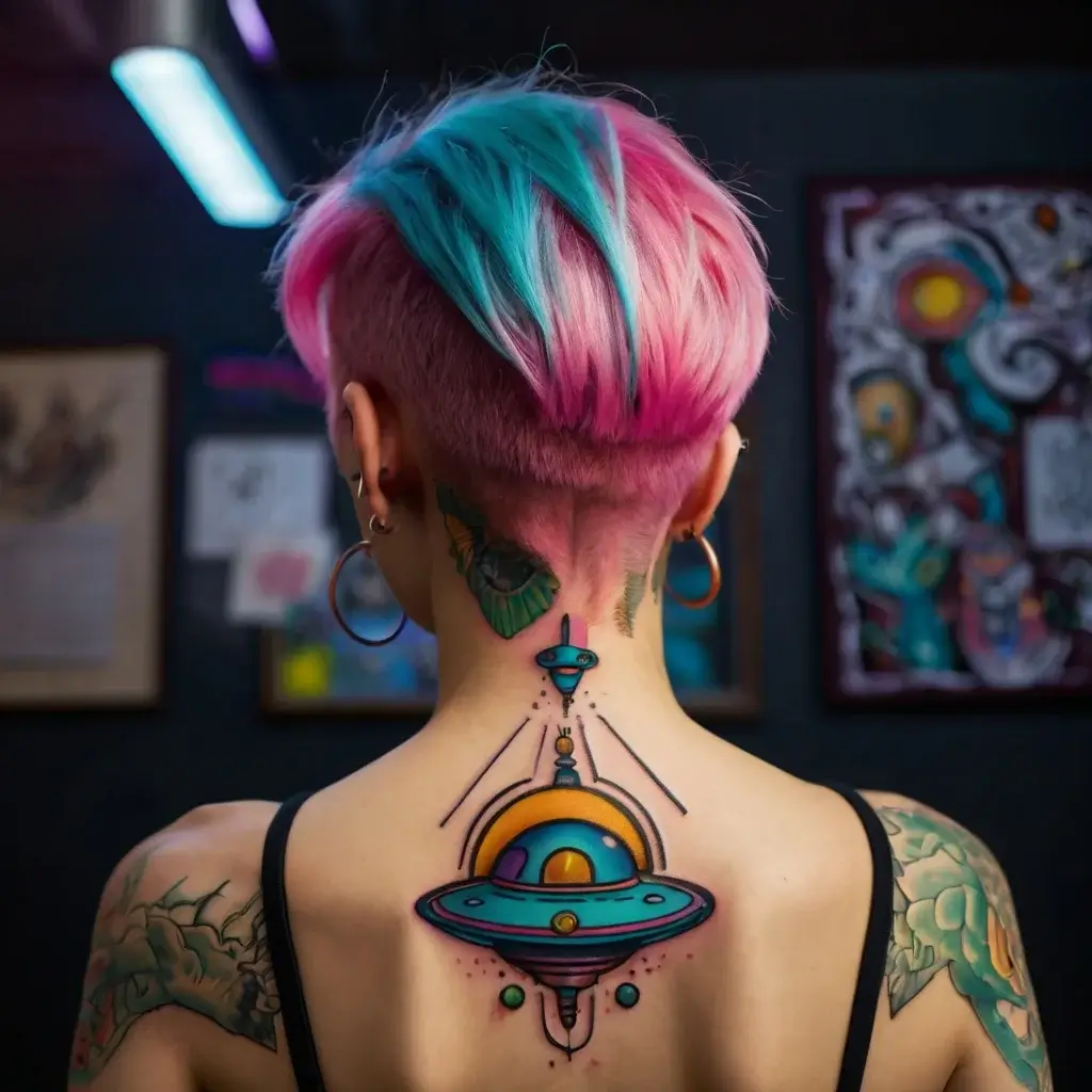 Vibrant neo-traditional UFO tattoo with bold lines and vivid colors on the upper back, surrounded by dynamic geometric elements.