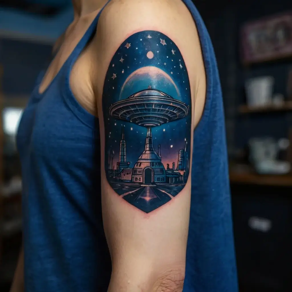 Futuristic cityscape tattoo with a large spaceship against a starry sky backdrop, blending blues and purples on upper arm.