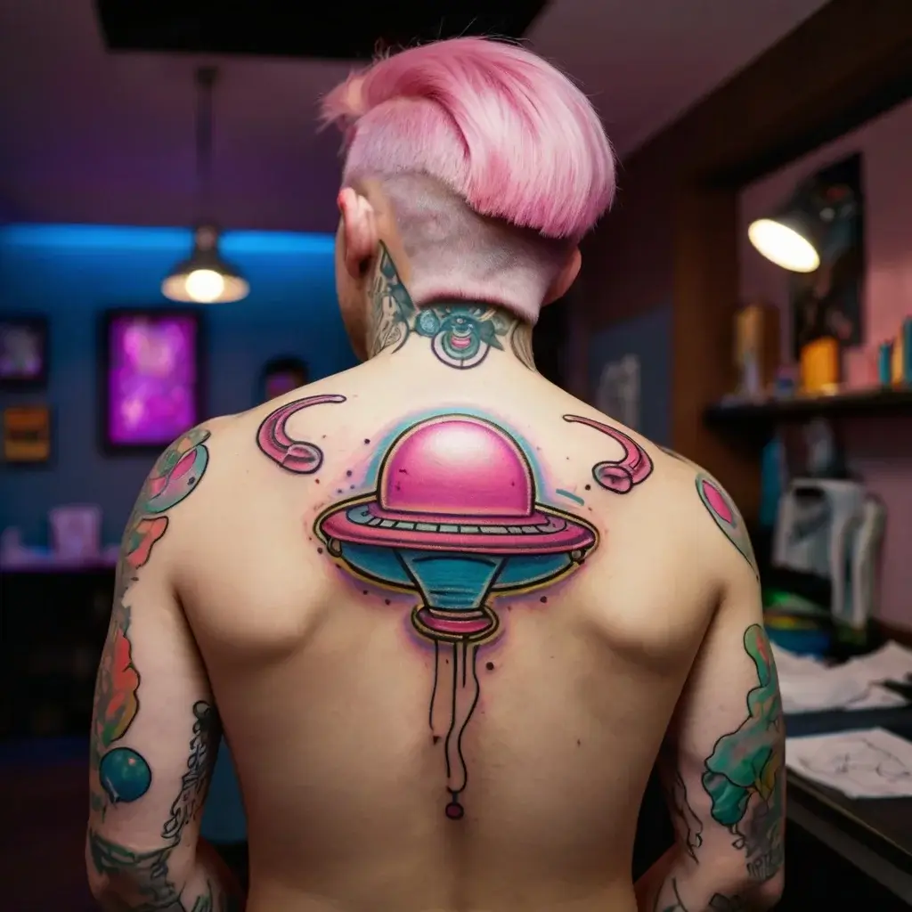 Back tattoo of a vibrant pink and blue UFO emitting beams, surrounded by stylized, cosmic elements and planets.