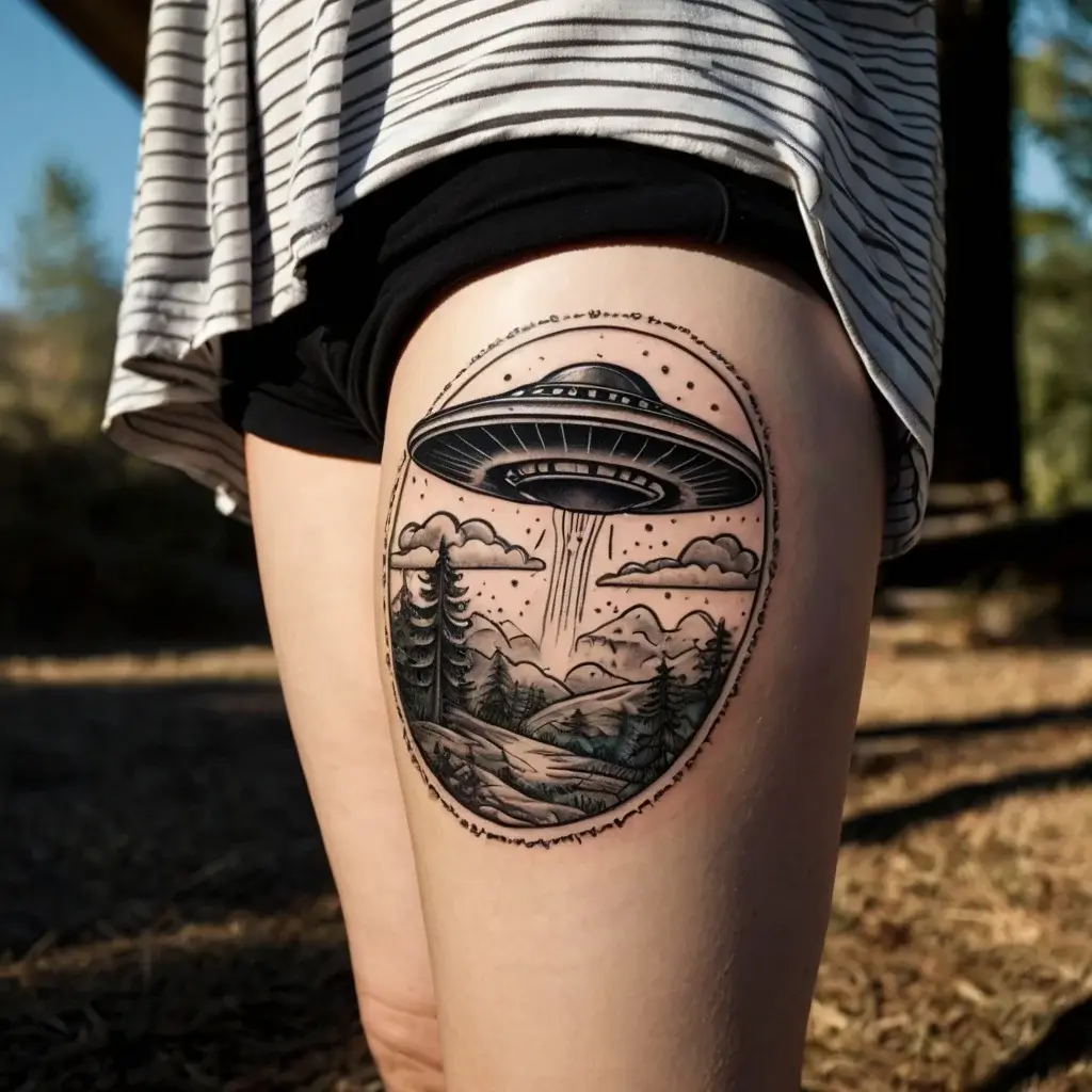 UFO tattoo on thigh: detailed flying saucer over forest, mountains, and clouds with abduction beam, in black and gray.