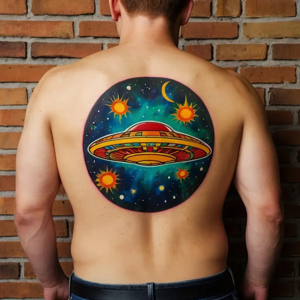 Circular back tattoo of a vibrant UFO in space, with colorful planets, stars, and a crescent moon against a cosmic backdrop.