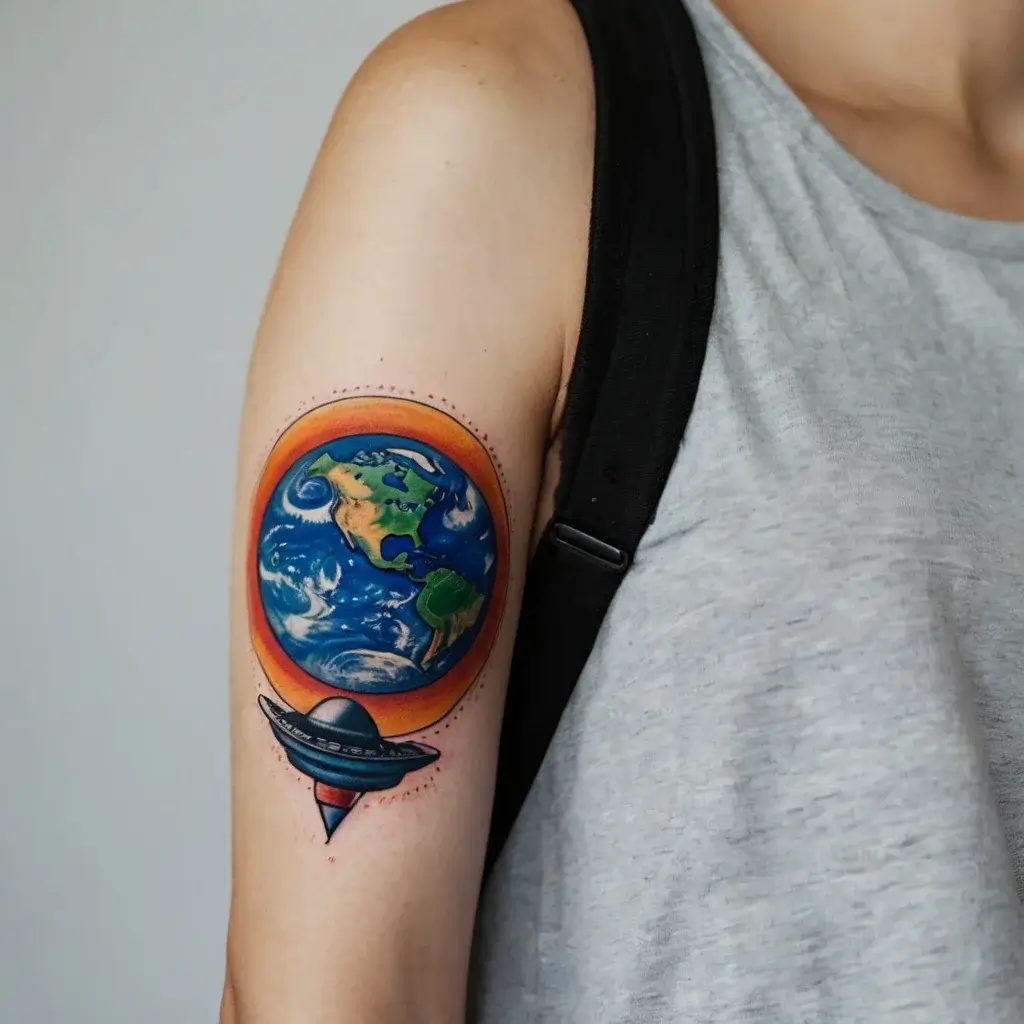 Tattoo of Earth with a vivid blue and green color scheme, encircled by a UFO with a red-orange glow on the upper arm.