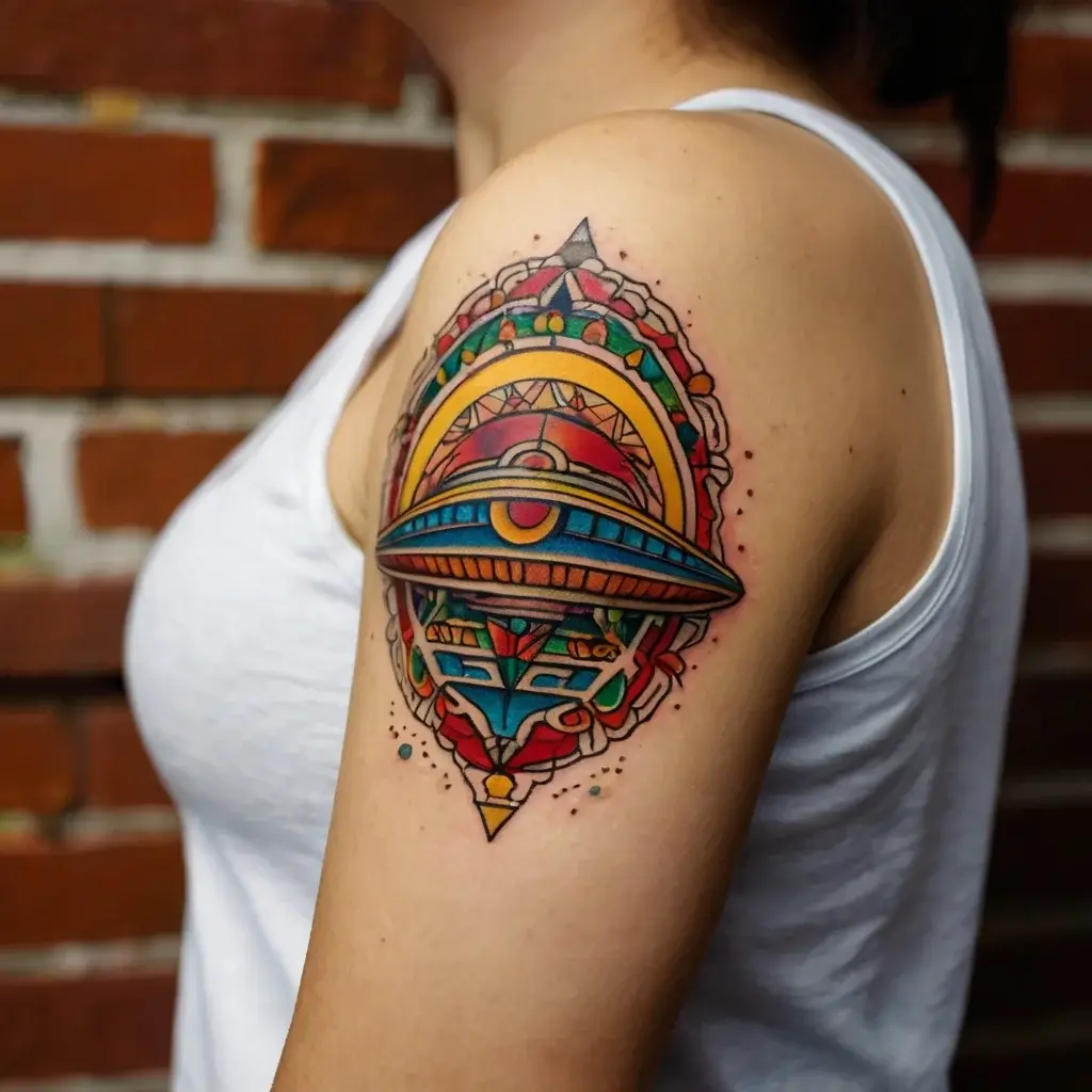 Colorful geometric mandala tattoo with bold lines and intricate patterns in yellow, red, and blue on upper arm.