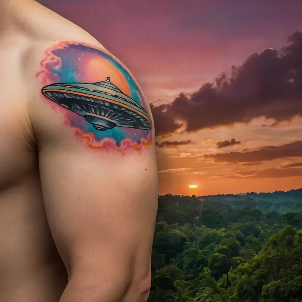 UFO tattoo with vibrant sunset hues, encircled in pink clouds, on upper arm. Retro sci-fi vibe with cosmic allure.