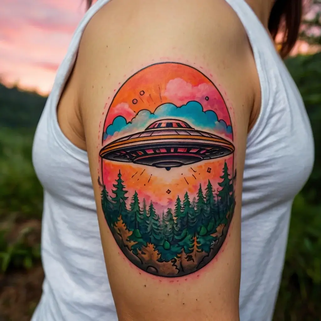 Tattoo of a UFO hovering above a forest, set against a vibrant sunset sky with clouds in circular frame.