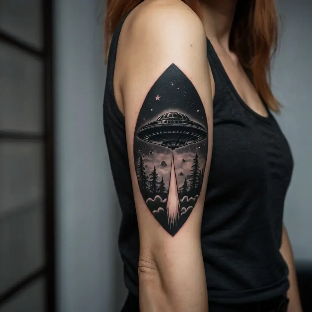 UFO in a night sky with beam over pine trees; bold black shading and celestial details on upper arm tattoo.