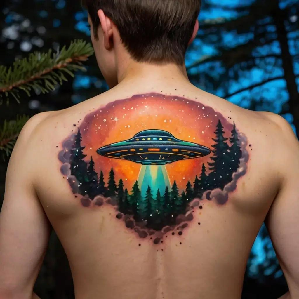 Back tattoo of a UFO emitting beams over a forest, set against a vibrant, cosmic sky with stars and nebulae.