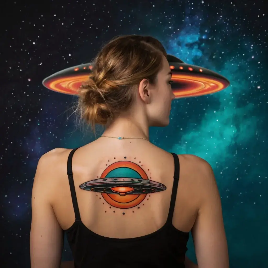 Colorful UFO tattoo on back, with Saturn-like rings and cosmic details, blending realism and sci-fi artistry.