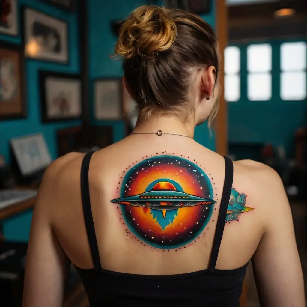 Tattoo of a colorful UFO with a glowing sunset backdrop, set on the upper back. Features vibrant blues and oranges.