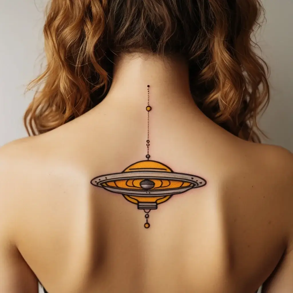 Geometric orange and gray Saturn tattoo on the upper back, featuring vertical line details and circular accents.