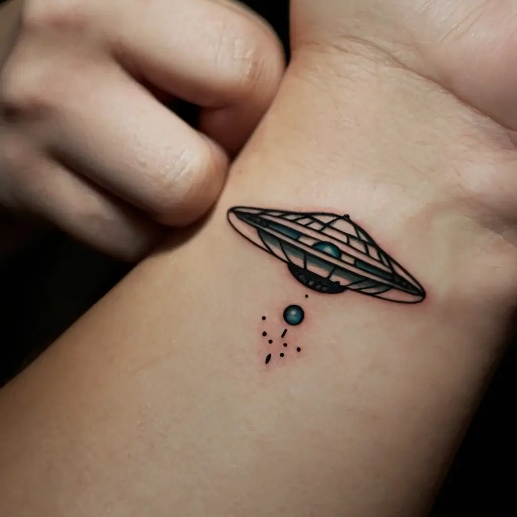 Tattoo of a UFO in geometric style, beaming up a small blue planet with dots, symbolizing exploration and mystery.