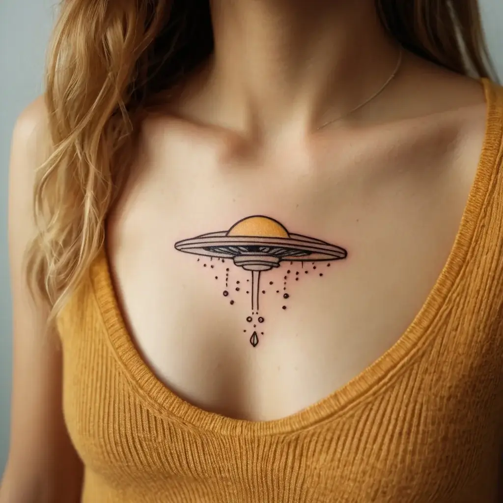 Tattoo of a UFO with an orange dome, releasing dots and lines, symbolizing mystery and exploration.