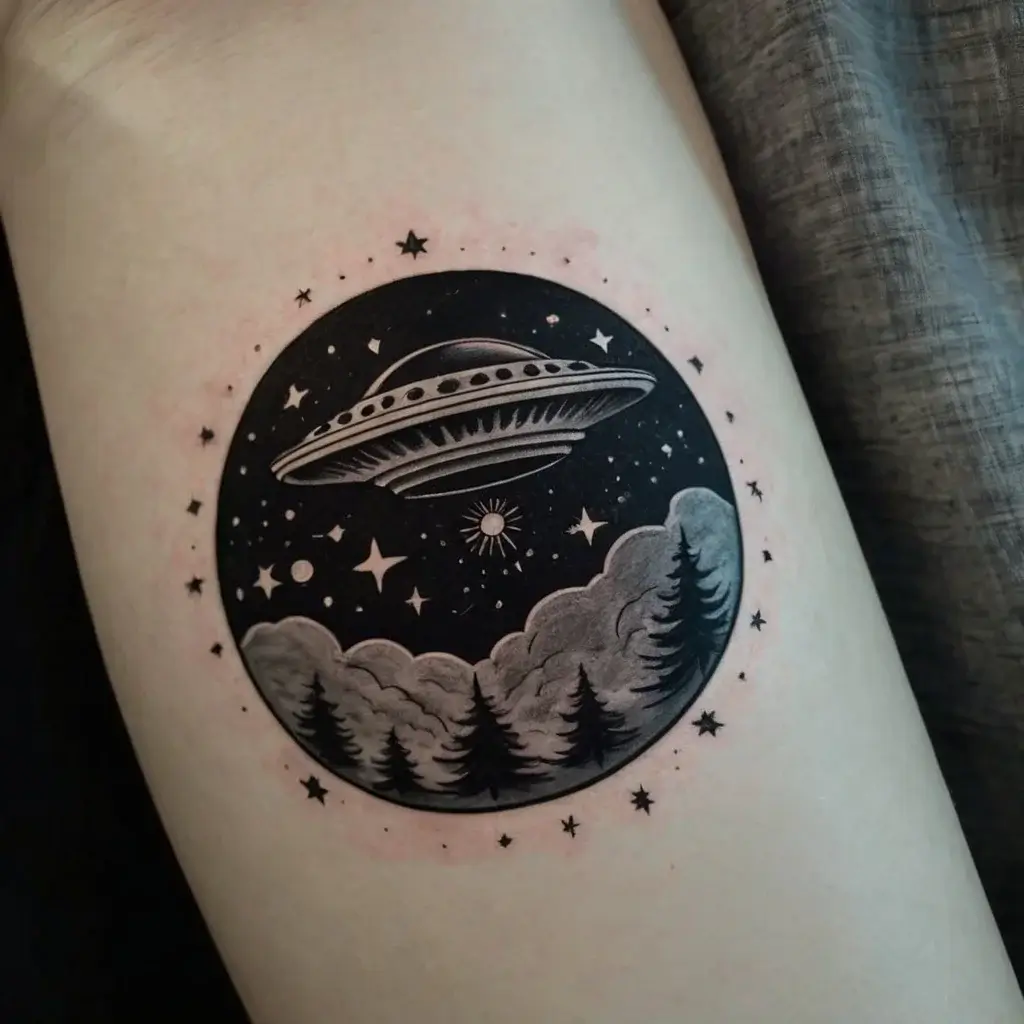 Black ink UFO tattoo hovering over trees with stars in a circular night sky.