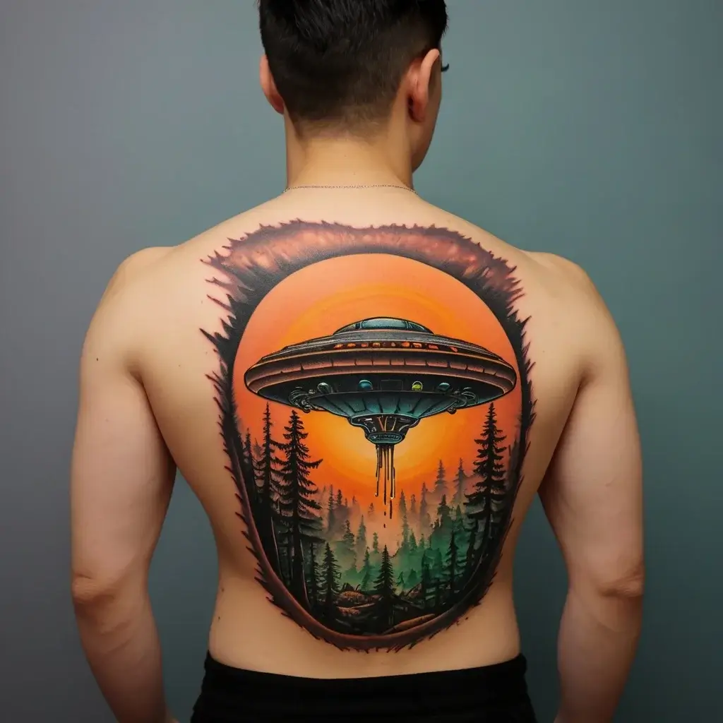 UFO tattoo on back, vibrant orange and teal, hovers over trees with a sunset sky. Edged with a torn paper effect.