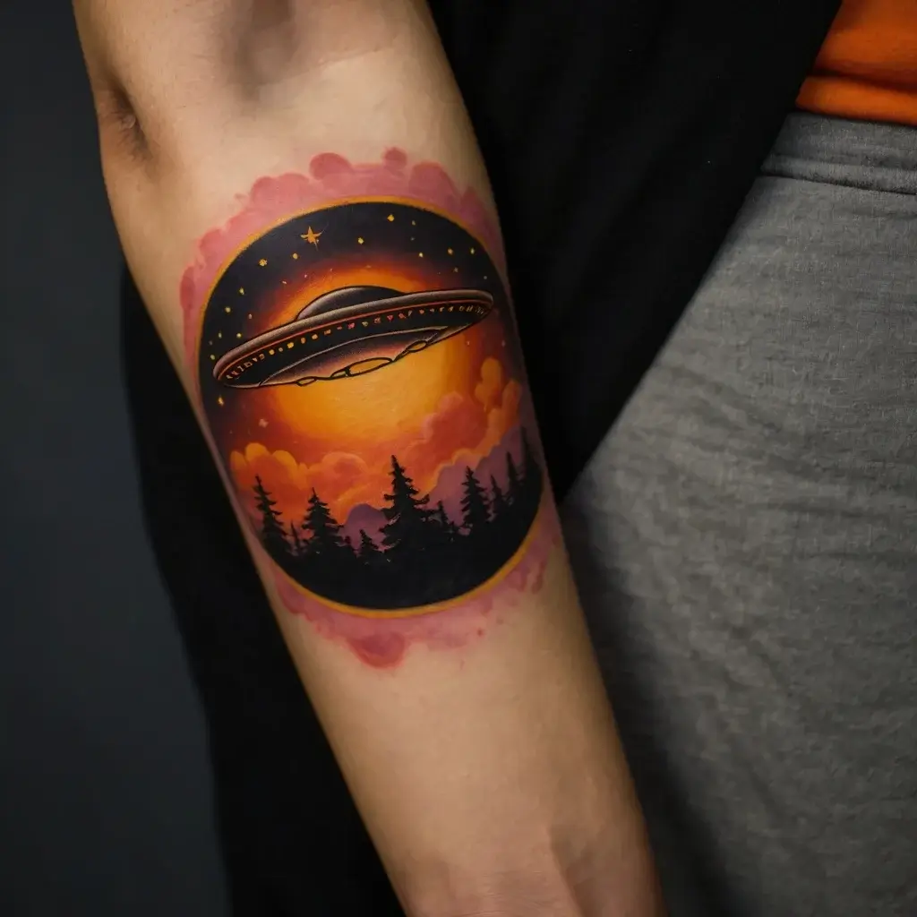 Tattoo of a UFO over a vivid sunset with pine trees and clouds, encased in a circular frame with dreamy colors.