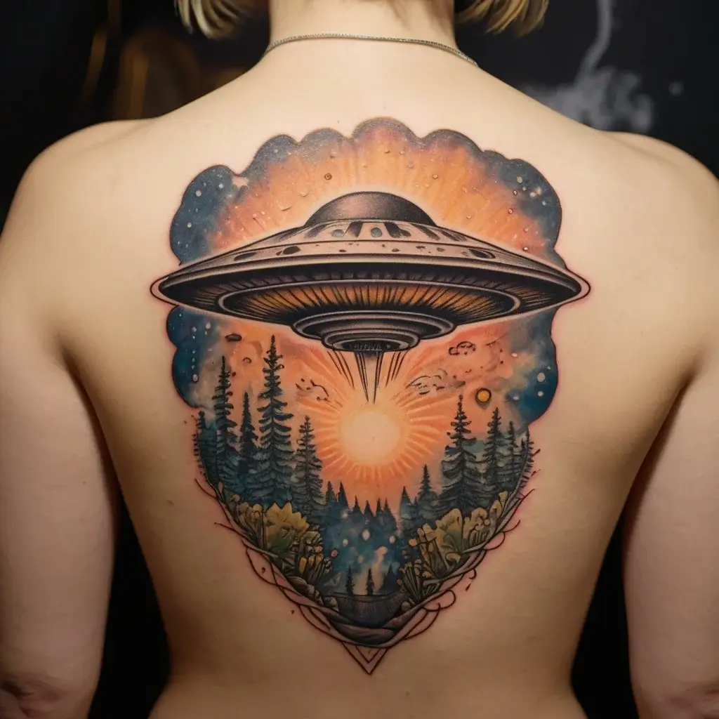 Tattoo of a UFO above a forest, depicting an abduction scene with vibrant sunset colors and intricate greenery details.