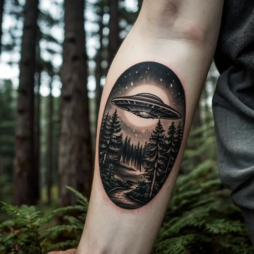 Tattoo of a UFO hovering over a forest with a moonlit sky, highlighting tall trees and a winding path below.