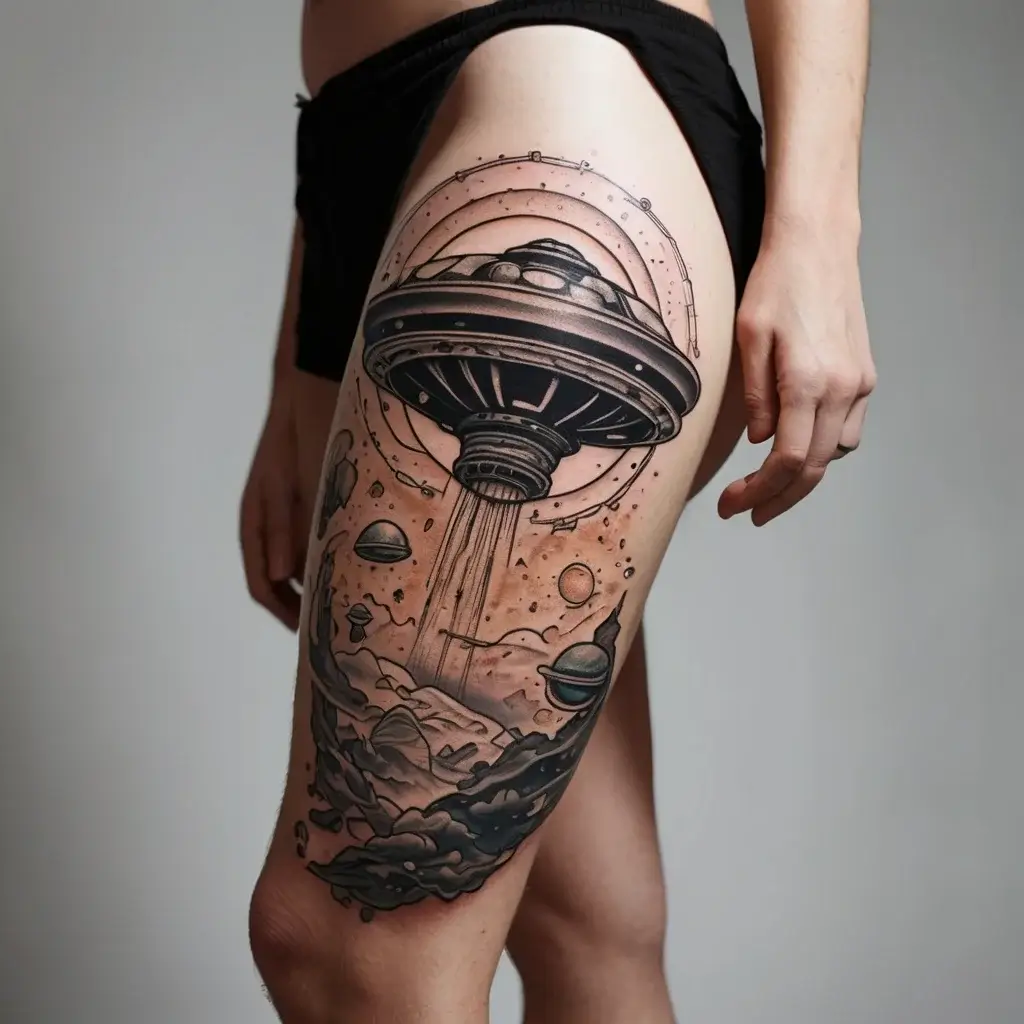 UFO tattoo on thigh, with rings and planets in a cosmic theme, radiating beams towards a lunar landscape.