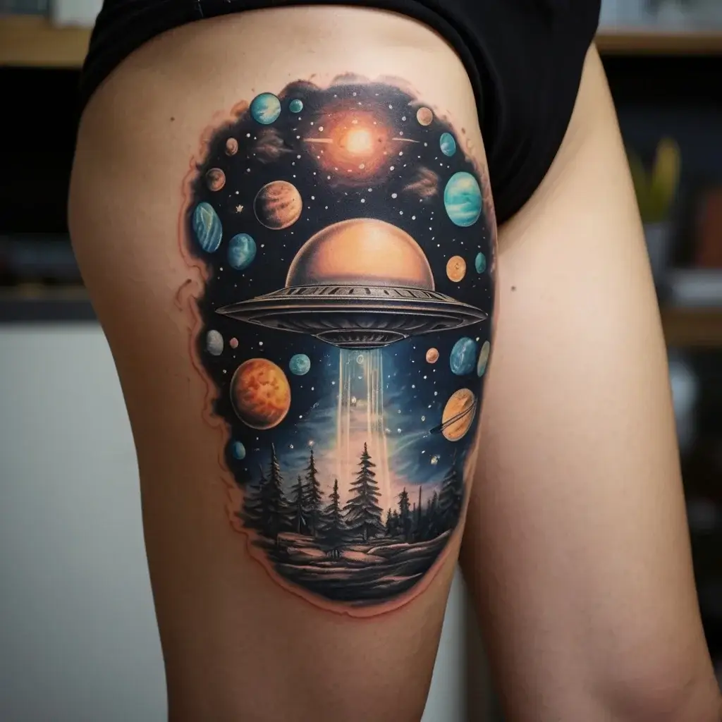 UFO and planets tattoo: a cosmic scene with a UFO beaming down to a forest, surrounded by colorful planets and stars.