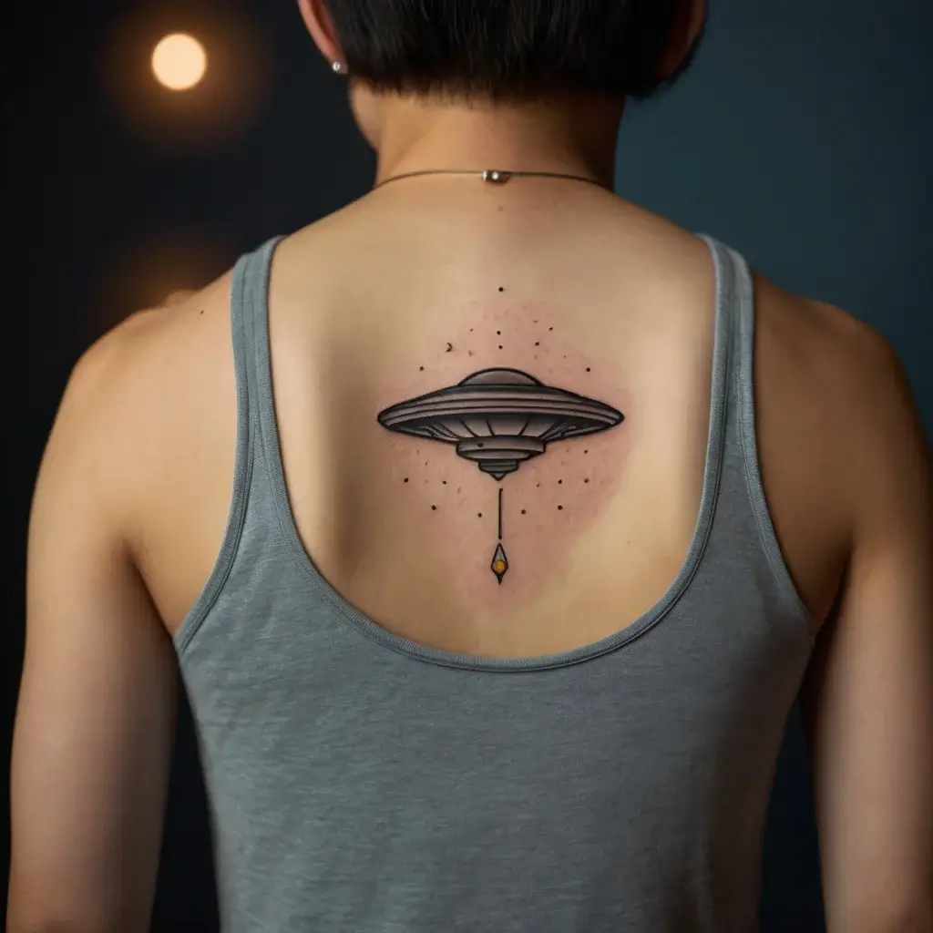 Tattoo of a UFO hovering, emitting a beam with a crystal, surrounded by small stars and dots, centered on the upper back.