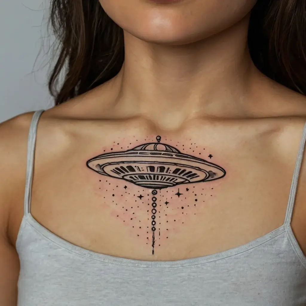 Tattoo of a UFO with dot work and line detailing, surrounded by stars and dots, on the upper chest, symbolizing mystery.