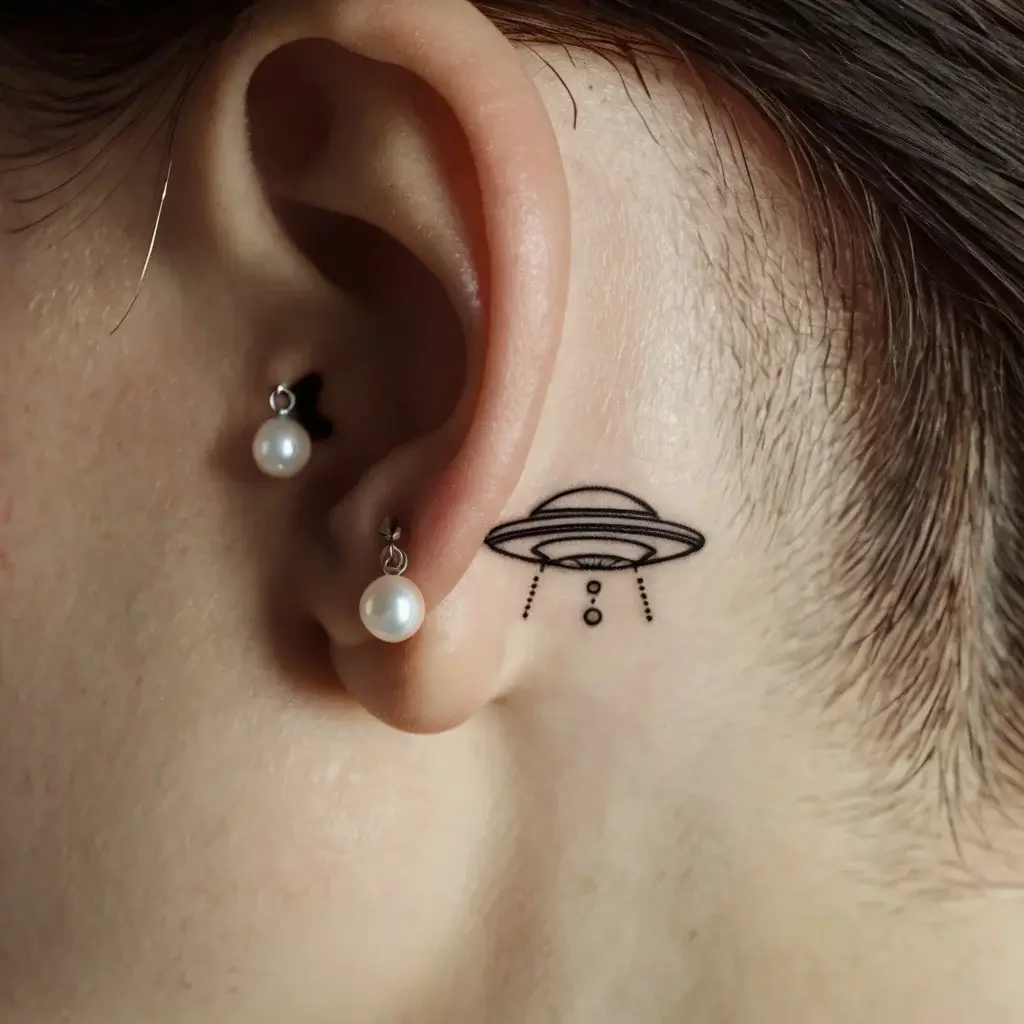 Minimalist UFO tattoo behind the ear, featuring a simple spaceship design with beams of light.