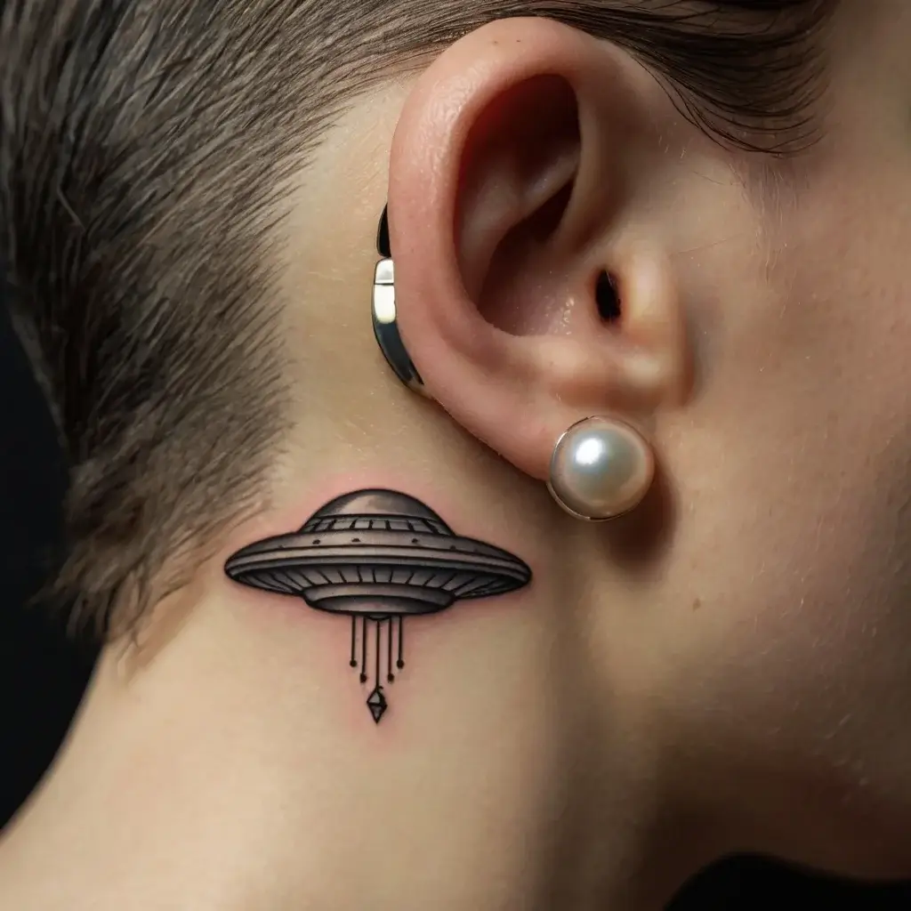 Black and gray UFO neck tattoo with intricate linework and dot shading, emitting beams with geometric accents.