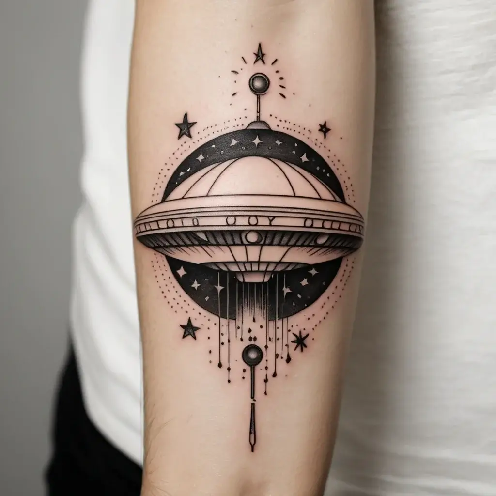 Tattoo design of a UFO with geometric accents, surrounded by stars, creating a cosmic, futuristic theme on the arm.