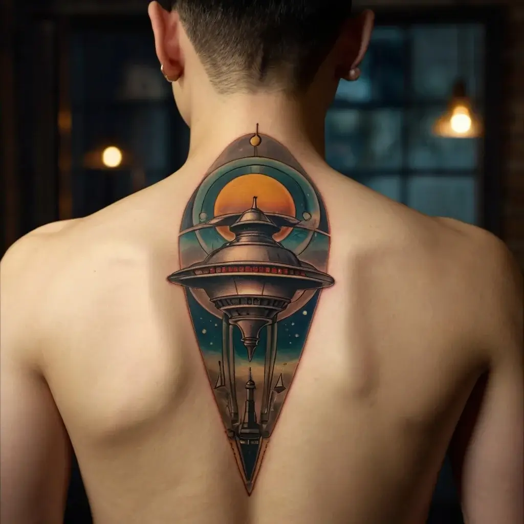 Futuristic tattoo of a space needle tower with celestial rings, set against a vibrant sun and starry night sky on the back.