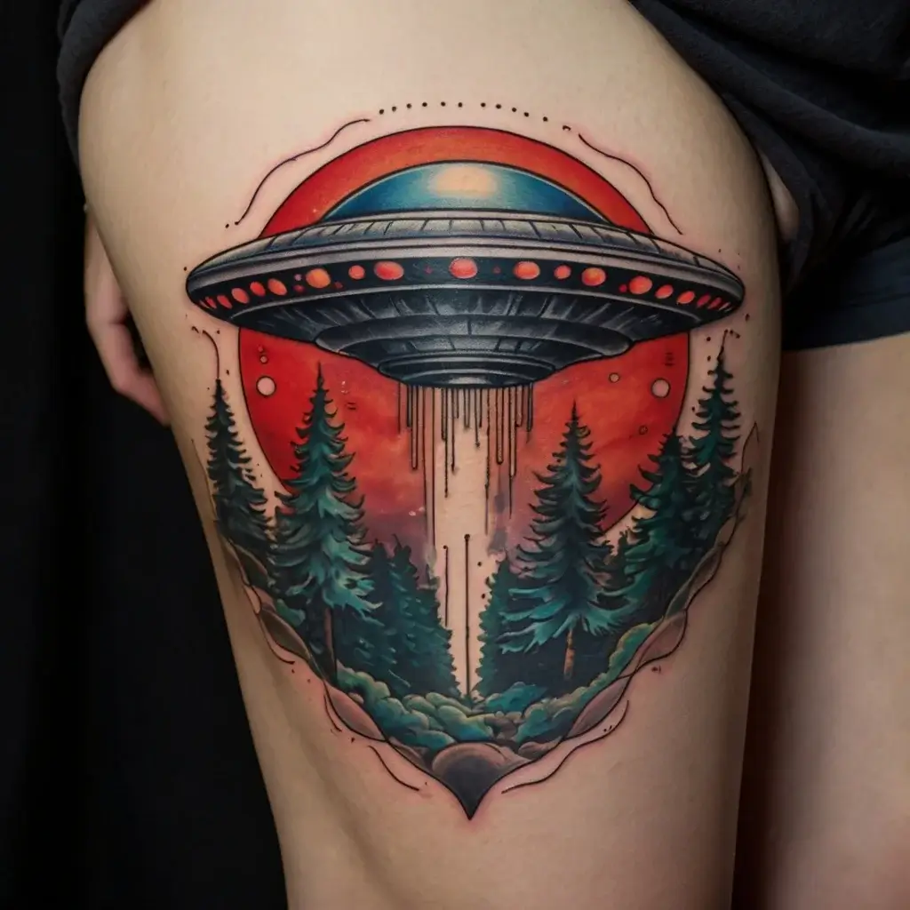 Tattoo of a UFO over a forest with a red sky backdrop. Vivid colors and dynamic lines create a surreal, cosmic scene.