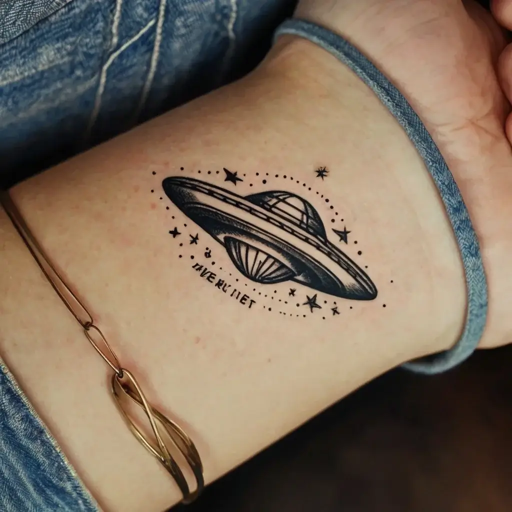 Tattoo of a ringed planet with stars and dotted accents, featuring script in a cosmic-themed, minimalist design.