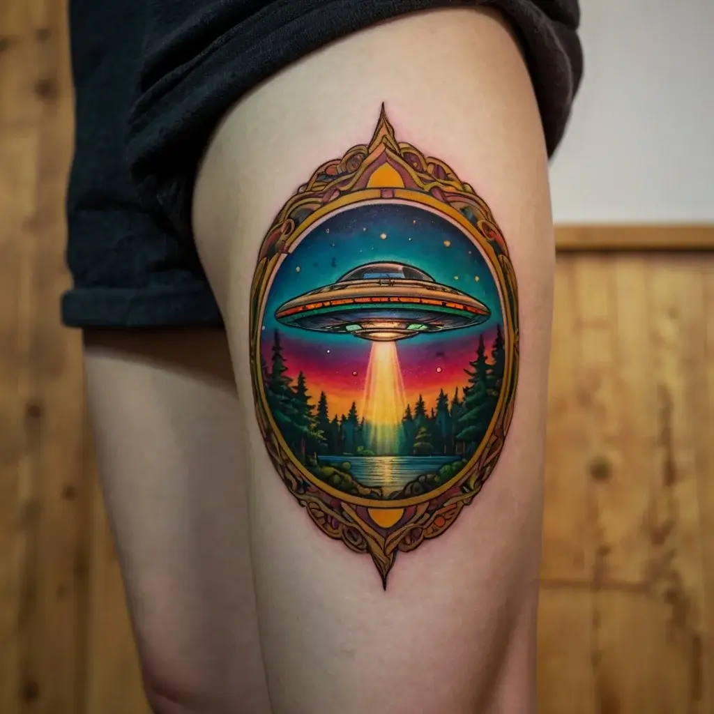 Tattoo of a UFO above a forest, framed with ornate details, set against a vibrant sunset sky.