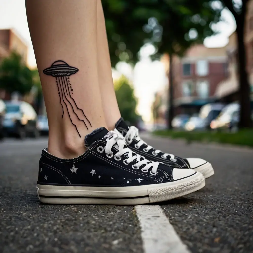 A simple UFO tattoo on the lower leg, emitting stylized beams. Surrounded by black star-patterned sneakers on asphalt.