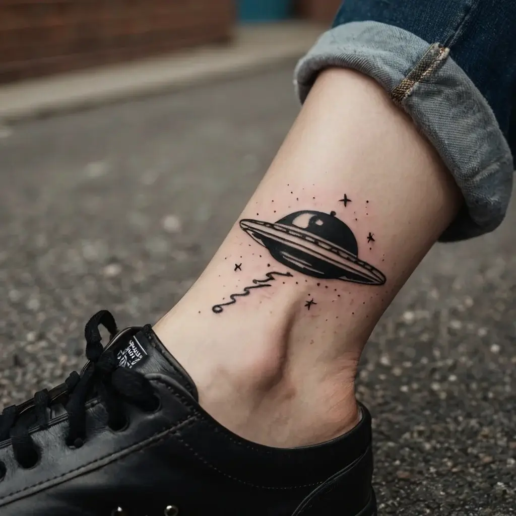 Tattoo of a black UFO with dotted stars and a zigzag beam, inked on the ankle, symbolizing mystery and exploration.