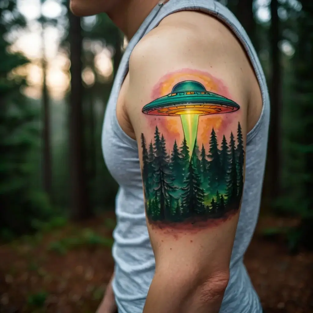 A colorful UFO hovers above a forest, casting a green beam, creating a mystical and vibrant tattoo on the upper arm.