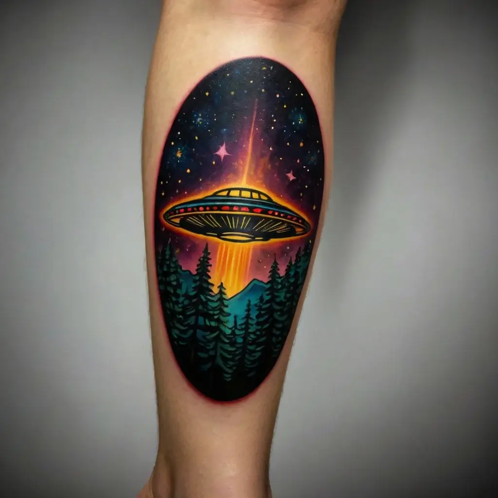 Vibrant UFO tattoo with a glowing beam over pine trees, set against a cosmic sky full of stars.