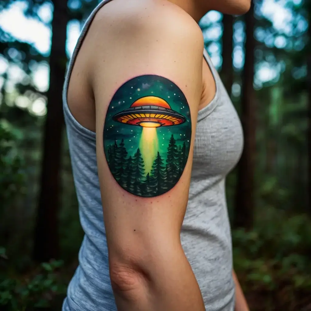 Tattoo of a UFO beaming light over a forest, set against a starry night sky, creating a mysterious sci-fi ambiance.