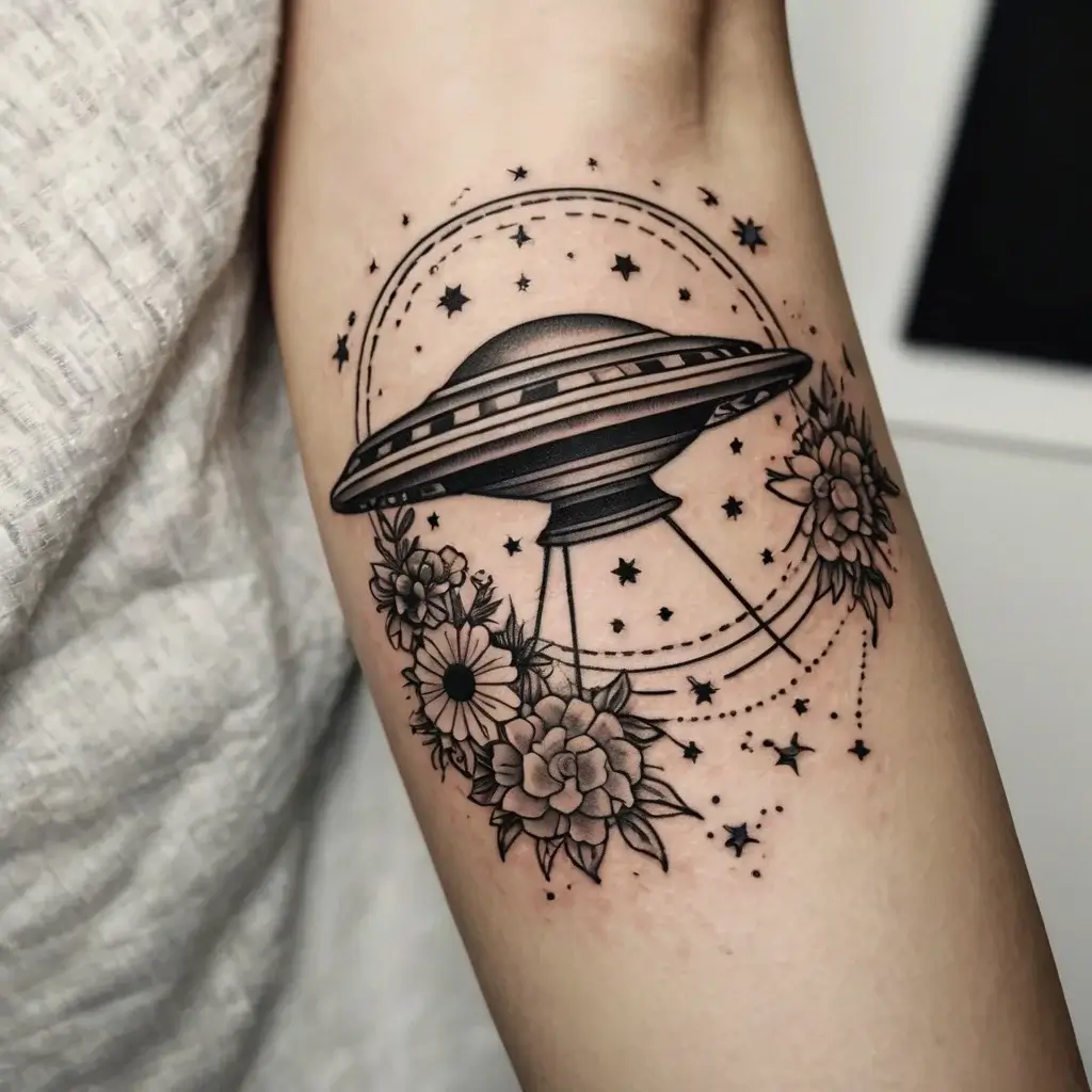 Black ink tattoo of a UFO surrounded by stars and flowers, blending sci-fi and nature in a cosmic design.