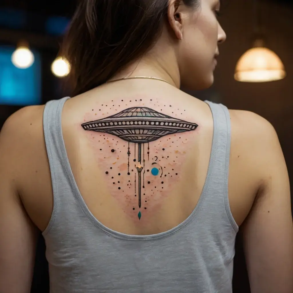 UFO tattoo on back, featuring a hovering spaceship with abstract dots and lines, accented by blue and black details.