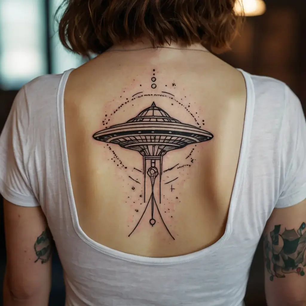 Tattoo of a geometric Space Needle adorned with celestial accents and dotted lines, symbolizing a cosmic journey.