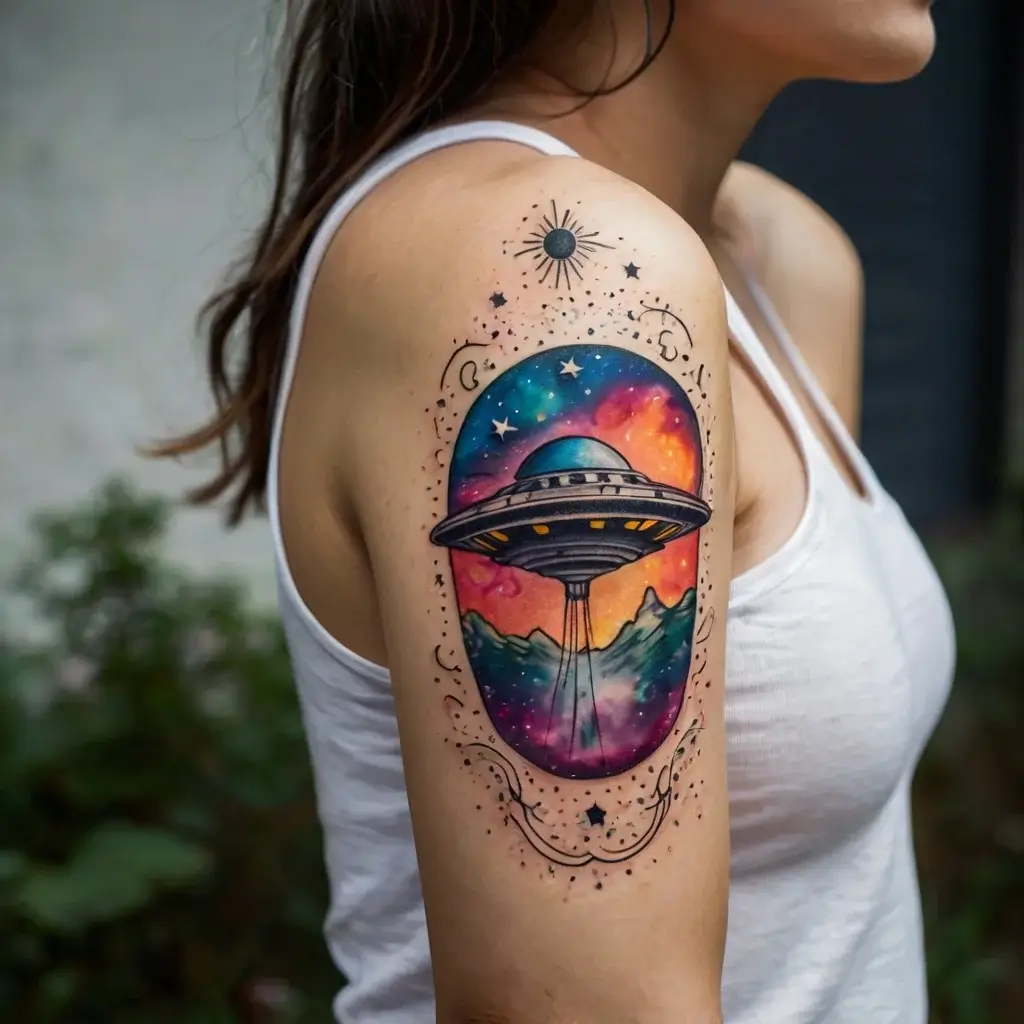 Colorful UFO tattoo on upper arm depicts a spaceship over mountains against a vibrant cosmic background, adorned with stars.