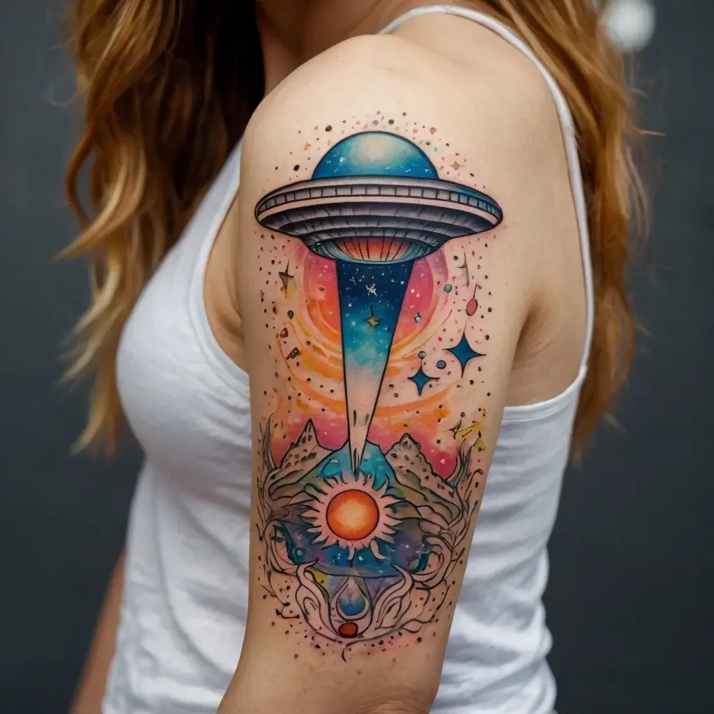 Colorful UFO tattoo on arm, featuring a spacecraft beaming light over mountains, with stars and cosmic elements surrounding it.