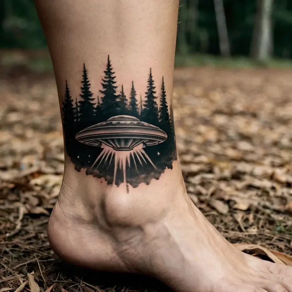 Tattoo of a UFO hovering over a forest with beams of light. Surreal scene blends nature and extraterrestrial elements.