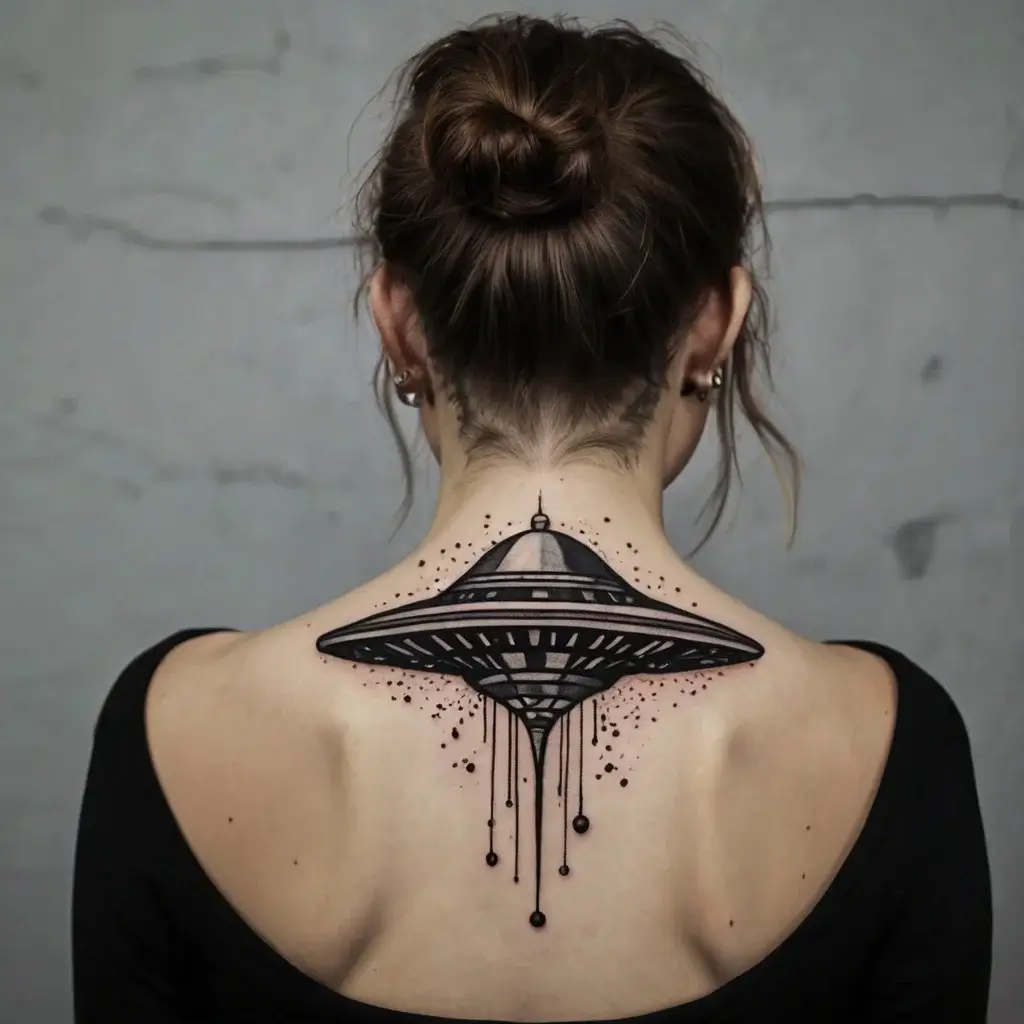 Stylized UFO tattoo on upper back, featuring detailed line work and drips, creating an illusion of movement and mystery.